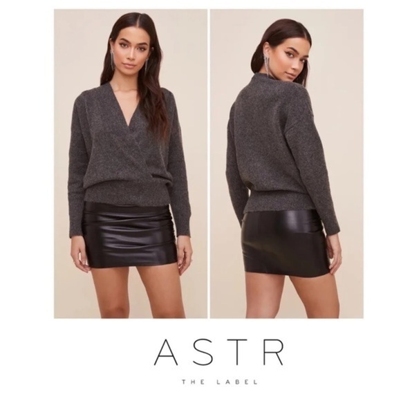 𝅺ASTR The Label Pleated Wrap Front Wool Blend Sweater Charcoal Gray NWT XS - Picture 1 of 5